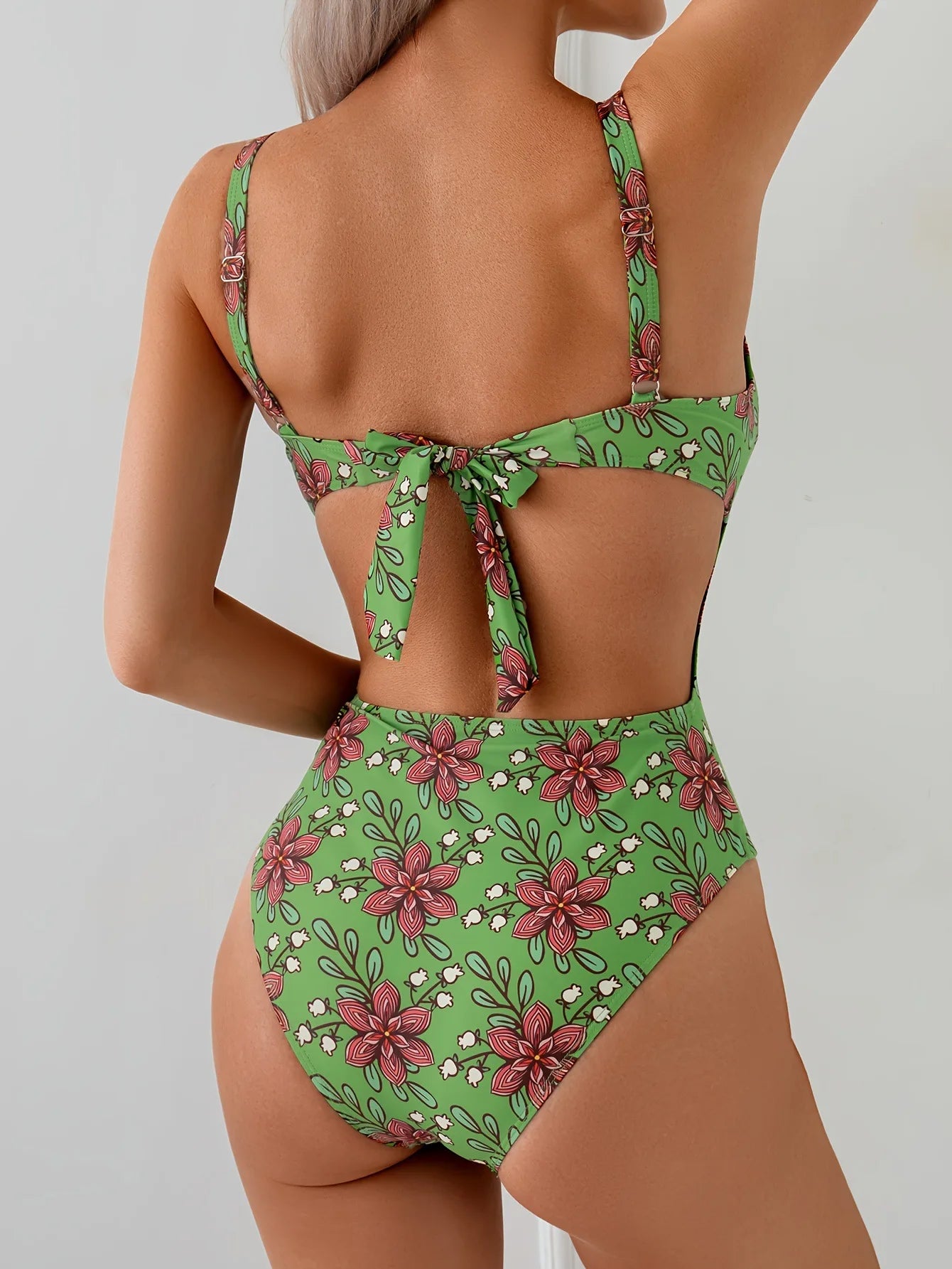 Vintage Green Floral Print One Piece Swimsuit Women Summer Hollow Out Backless Cross Tummy Control Bathing Suit Swimwear