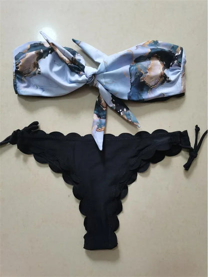 Beach Bikini Woman Front Lace Up Tie Bandeau Leopard Swimsuit Female Push Up Ruffled Bow Bathing Suit Thong Swimwear