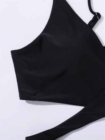 Solid Strapped Bikini Set Push UP Hollow Swimsuit Women Swimwear Biquinis High Waist Backless Bathing Suit