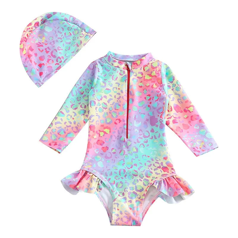 Long Sleeves Girls' Swimsuit With Hat Beachwear Surf One Pieces Colour Ruffle Kids Girls Summer Swimsuits Princess