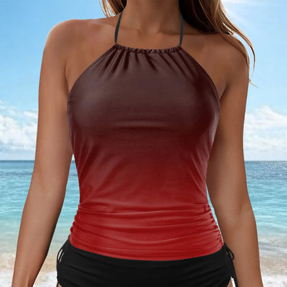 Women's Gradient Tankini Swimsuit Hanging Neck Cover Tummy Suspender Tops Mid Waist Side Tie Solid Color Shorts Holiday Wear