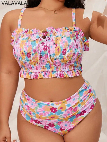 Print 2 Piece Plus Size Bikini Women Verge Strapped Large Swimsuit High Waist Lady Swimwear Beach Curvy Bathing Suit