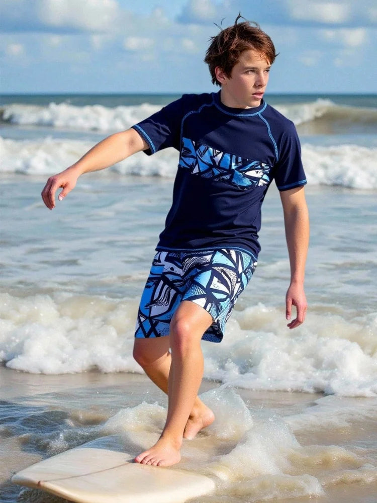 Teen Boys' Blue Geometric Short-Sleeve Rash Guard Set with Shorts