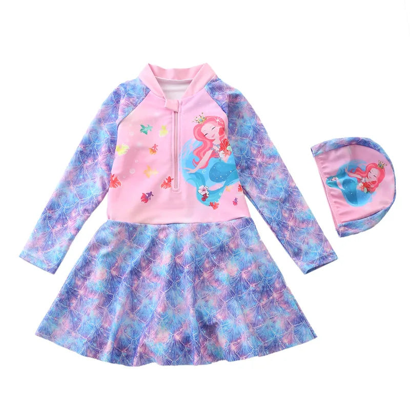 Mermaid Swimsuit for Girls Long Sleeves Children's Swimwear Front Zipper One-Piece Swimming Dresses Summer Beach Bathing Suit