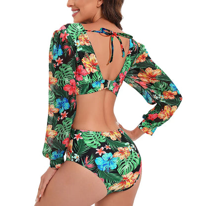 One Piece Monokini Vintage Women Long Sleeve Swimwear Cut Out Swimsuit Deep V Monokini Surfing Beachwear