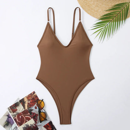 Solid One Piece Swimsuit Women Summer Simple Style Swimwear Thong Monokini Bathing Suit