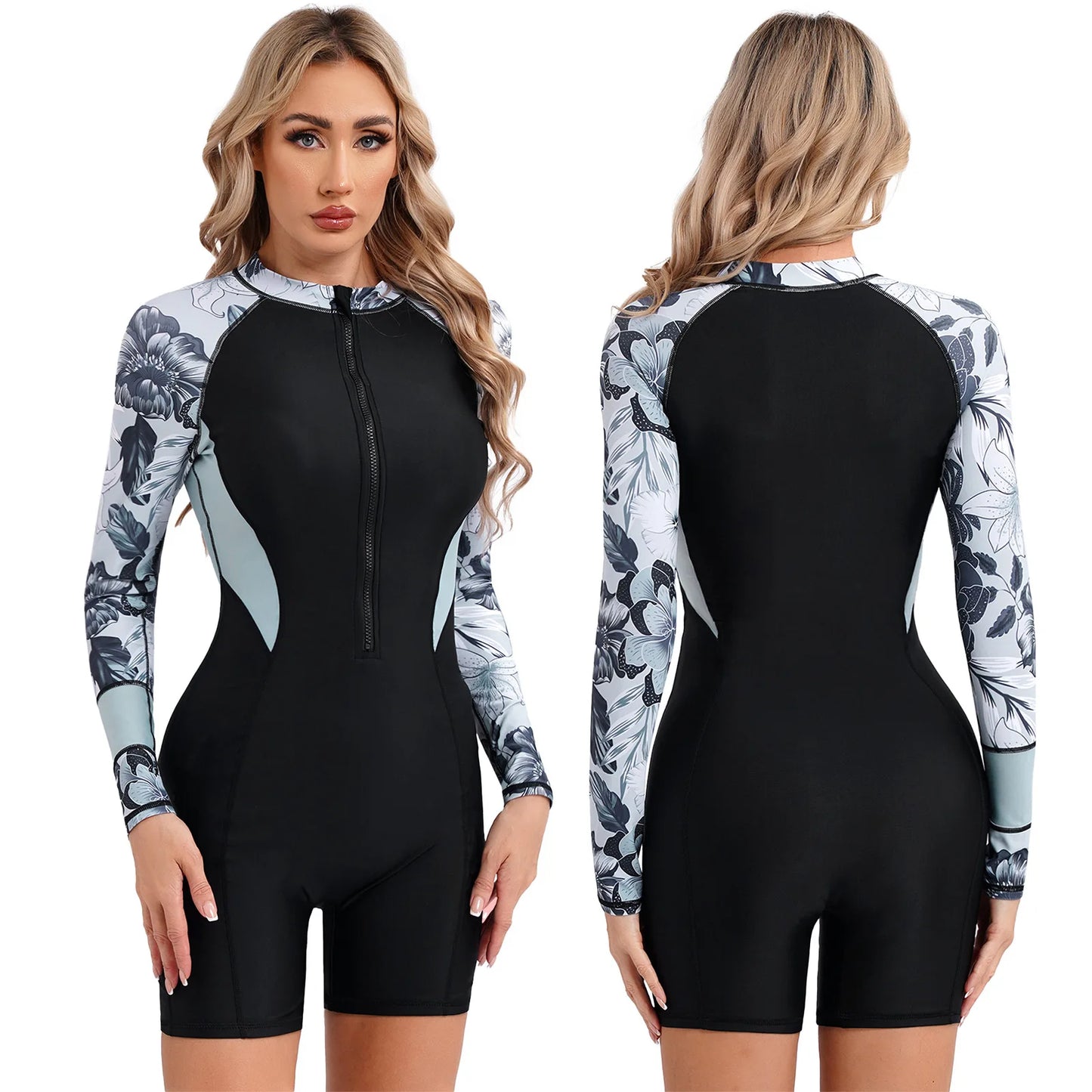 One Piece Floral Print Athletic Swimsuit Swimwear for Women Long Sleeve Zip Front Tropical Plant Surfing Sun Protection Bodysuit