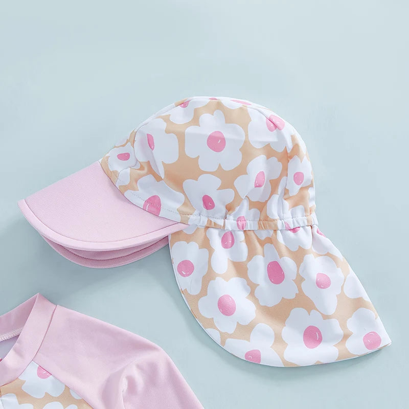 Toddler Girl Long Sleeve Swimsuit Floral Flamingo Print Half Zipper Non-Pilling Rash Guard Swimwear Sunhat Set