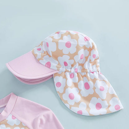 Toddler Girl Long Sleeve Swimsuit Floral Flamingo Print Half Zipper Non-Pilling Rash Guard Swimwear Sunhat Set