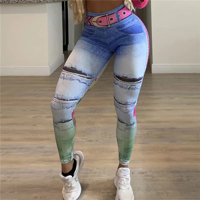 Woman Fashion Denim Yoga Pants Sport Leggings Print Fitness Leggins Slim Gym Tights High Waist Leggings Sportswear