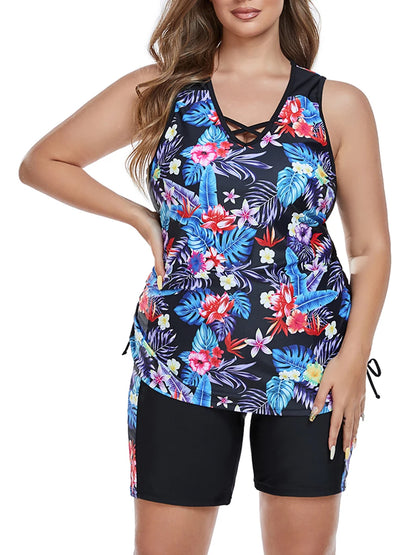 Print Large Plus Size Tankini Two Pieces Swimsuit Women High Waist Swimwear Female Bathing Swimming Swim Suit Beach Bathers