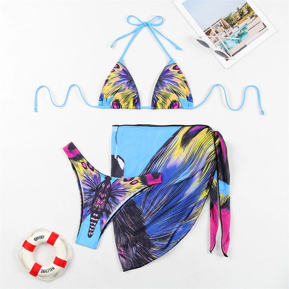 3 Pieces Bikini With Beach Skirt Butterfly Print String Bathing Suit Women Swimwear Female Swimming Swimsuit