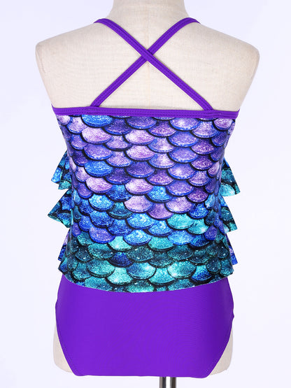 Kids Girls Fish Scales Mermaid Bathing Suit Two-piece Bikini Swimsuit Sleeveless Tops with Briefs Tankini Swimwear Beachwear