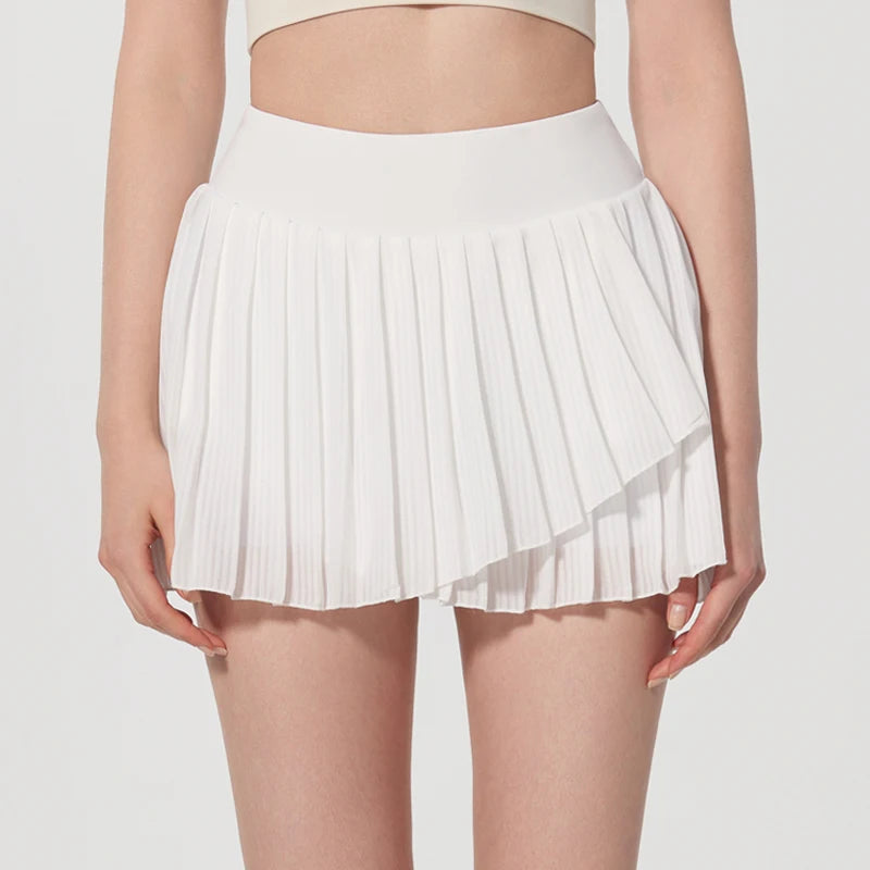 Women's High-Waisted Asymmetric Tennis Skirt with Built-In Shorts