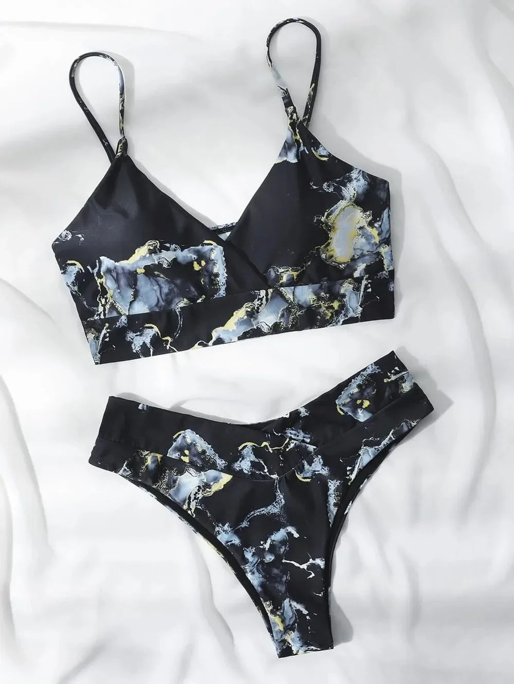 Sport Bikini Set Women Swimsuit Push Up High Waist Marble Blooming Print Swimwear Female Bathing Suit