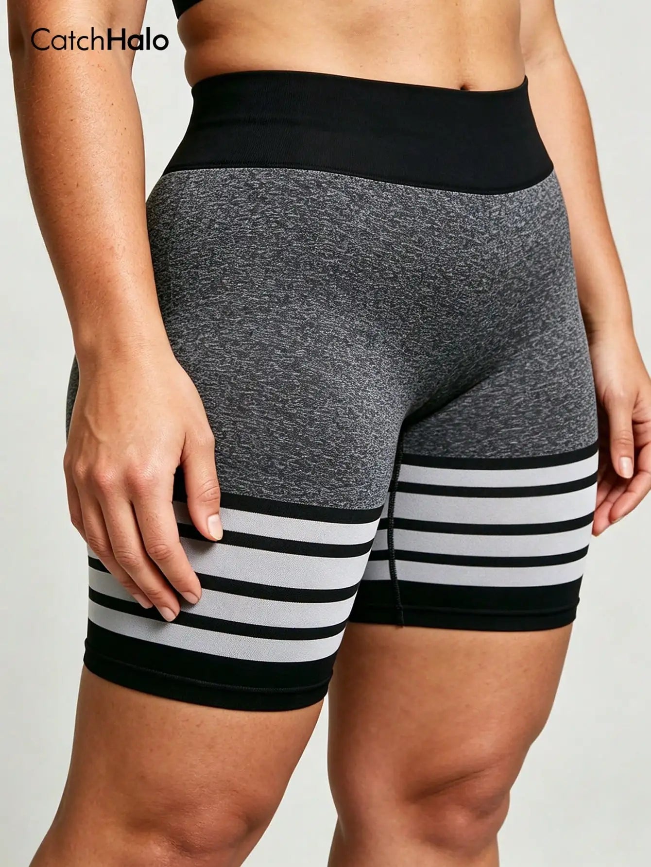 Plus Size Women Striped Gym Shorts, Seamless High Waist Tummy Control High Stretch Butt Lifting