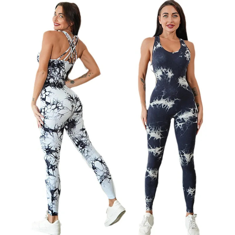 Seamless Tie-Dyed Yoga Jumpsuits Sports Fitness Hip-lifting One-Piece Beauty Back Bodysuits Gym Leggings Tracksuits for Women