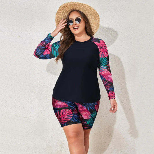 Plus Size 4XL Tankini Rash Guard Swimsuit Set Long Sleeve High Waist Boyleg Two-Piece suits with Sun Protection Women Swimwear Bathing Suit