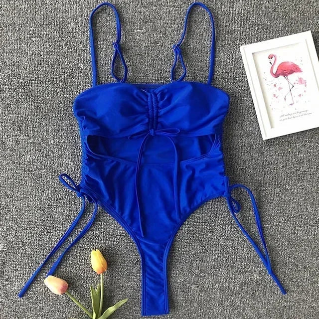Splicing High Cut Out One Piece Swimsuit Women Tassel Swimwear Female Bathing Suit String Leopard Bikini Monokini Lady