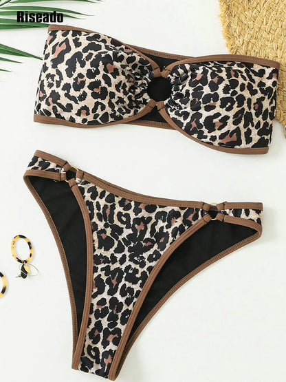 Women's Bandeau Off Shoulder Bikini Set Floral Print Whip Stitch 2 Piece Swimsuits Bathing Suits