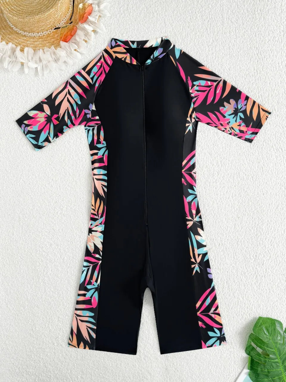 Women's Short-Sleeve Zip-Front One-Piece Rash Guard Swimsuit