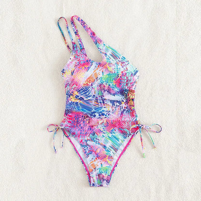 Women's Colorful Printed One-Shoulder Side Drawstring Swimsuit, Beach Bathers