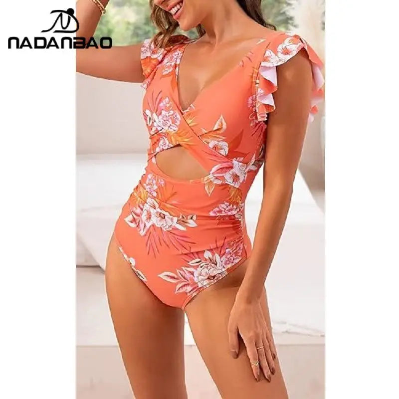 Nadanbao Fashion Elegance One-Piece Swimsuit Women Plicated Bikini Female Hollow Out Backless Flounce Beach Party Swimming Suit