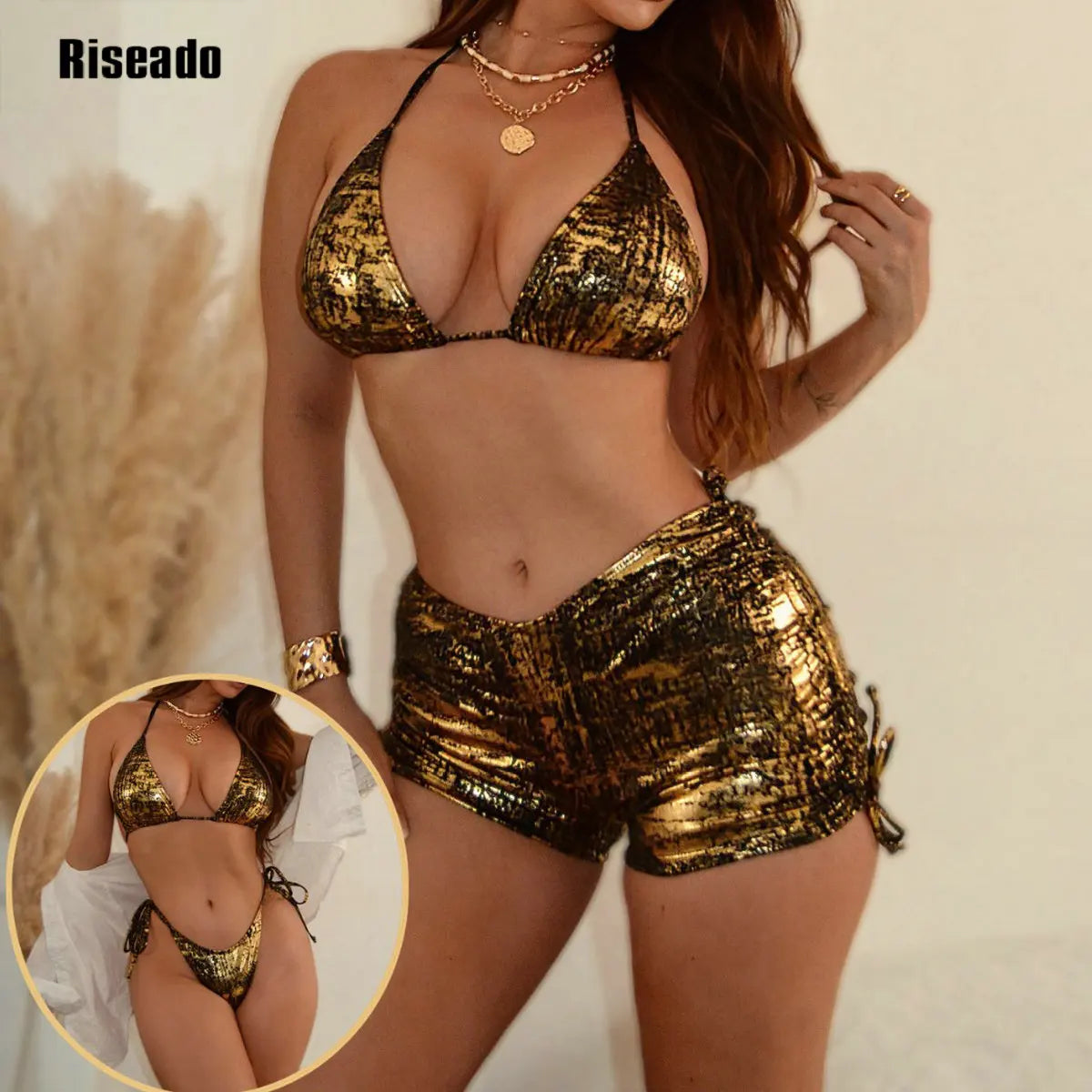 Women's 3 Piece Swimsuit Set Club Party Bikini Set Gold Color Halter Triangle Bathing Suit with Cover Up Shorts