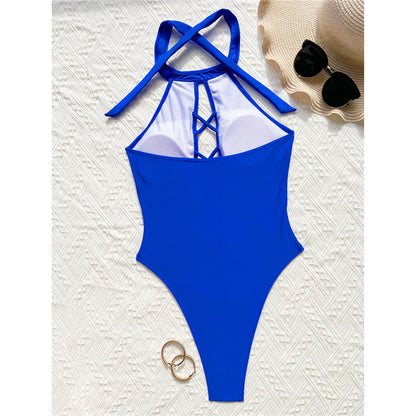 S - XL 7 Colors Lace Up High Neck Full Back Women Swimwear One Piece Swimsuit Female High Leg Cut Bather Bathing Suit Swim