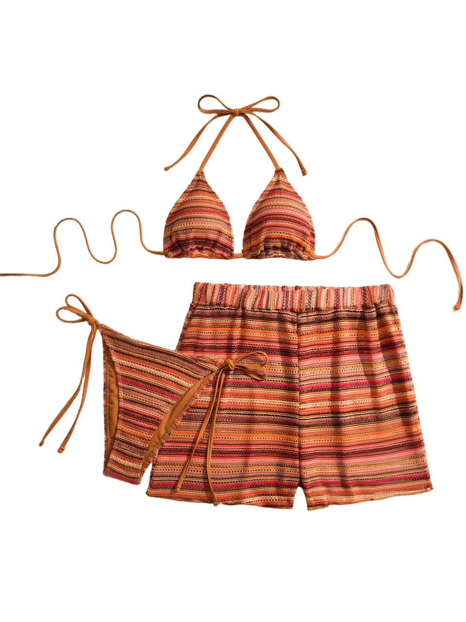 3 Pieces Halter Bikini Striped Print Swimsuit With Mesh Shorts Swimwear Female Bathers Bathing Swimming Suit Beachwear