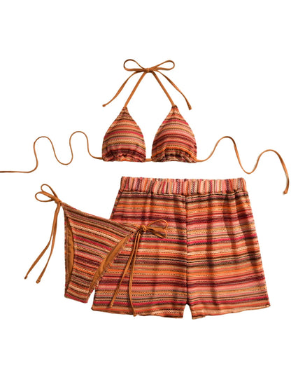 3 Pieces Halter Bikini Striped Print Swimsuit With Mesh Shorts Swimwear Female Bathers Bathing Swimming Suit Beachwear