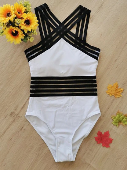 Mesh Tape Swimsuit One Piece Leopard Swimwear Women Cross High Neck Bathing Suit Female Swimming Summer Beachwear