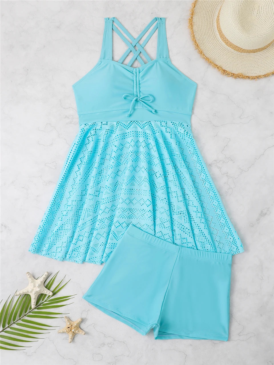 2 Pieces Front Drawstring Swimwear Women Hollow Out Swimsuit Beach Skirt Solid Tankini Female Bathers Swimming Beach Wear