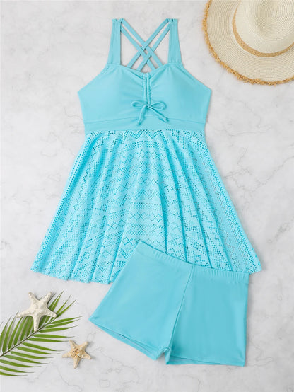 2 Pieces Front Drawstring Swimwear Women Hollow Out Swimsuit Beach Skirt Solid Tankini Female Bathers Swimming Beach Wear