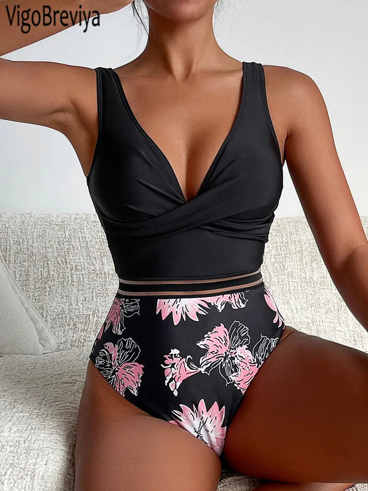 Floral Print Patchwork Swimwear Women Cross Push UP One Piece Swimsuit Monokini Backless Summer Bathing Suit