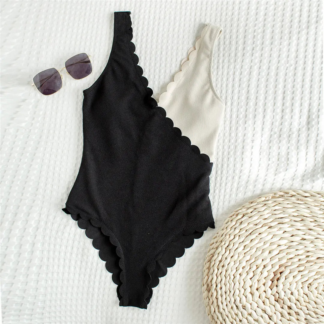 Scalloped Splicing High Cut One Piece Swimsuit Women Swimwear Female Ribbed Bather Bathing Suit Swim Lady