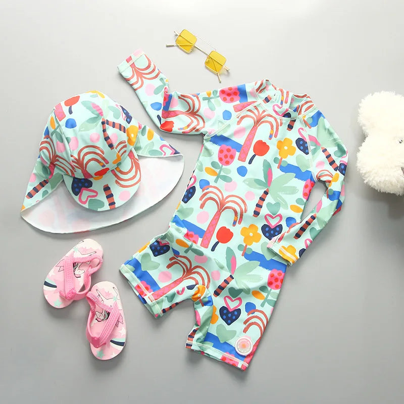 UPF50 Girls Swimwear Long Sleeves Floral Baby Swimsuit UV Protection Children's Swimming Suit Beach Summer Toddler Bathing Suit