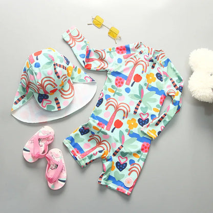 UPF50 Girls Swimwear Long Sleeves Floral Baby Swimsuit UV Protection Children's Swimming Suit Beach Summer Toddler Bathing Suit