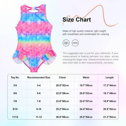 Kids Girls Mermaid Swimsuit Sleeveless Fish Scales Print Ruffle Flounce Jumpsuit Bathing Suit Pool Beach Athletic Swimwear