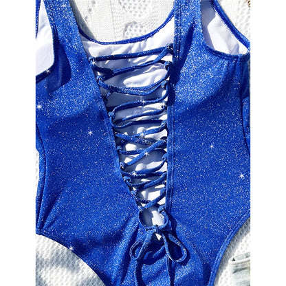 Glitter Sparkling Lace Up Backless One Piece Swimsuit Women Swimwear Female High Cut Bather Bathing Suit Swim Lady