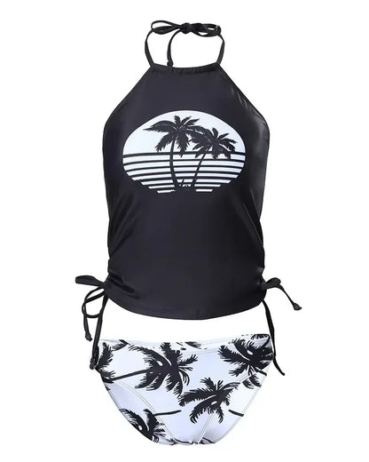 Coconut Tree Print Drawstring Ruched Halter Tankini Set Women 2pcs Clothes Suit Spring Summer Bikini Swimwear Bathing Clothing