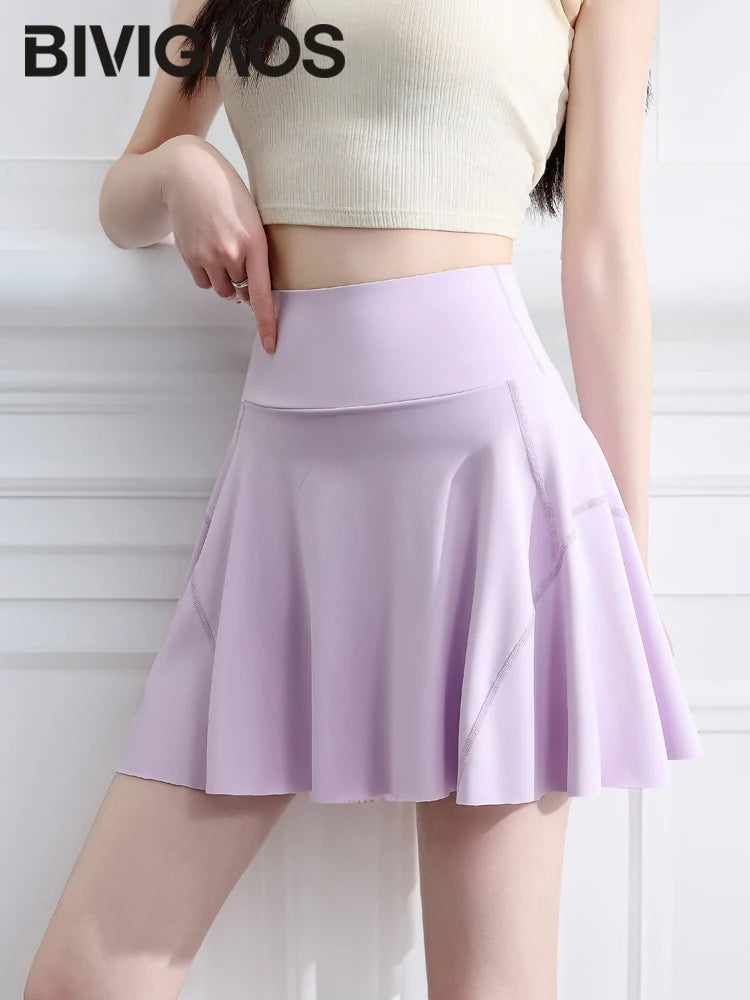 Sports Short Skirt Women's High Elastic Sharkskin Fabric Mini Tennis Yoga Skirts Pocket Safety Shorts Skirt
