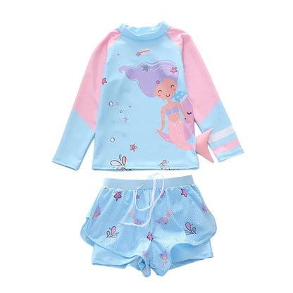 Girls Swimwear Long Sleeve Mermaid Swimming Suit Two Pieces Rash Guard Set Bathing Suit Kids Children's Swimsuit Girl 4-11 Years
