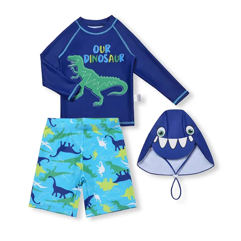 3 Pcs Boy Swimsuit Sun Protection UPF 50+ Long Sleeve Swimming Sunsuit With Hat Split Cartoon Dinosaur Bathing Suits Children