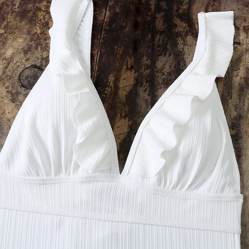 Ruffle Swimsuit One Piece Solid V-neck Backless Swimwear Women Bathing Swimming Swim Suit Female Padded Beach Wear Summer