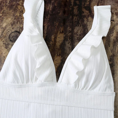 Ruffle Swimsuit One Piece Solid V-neck Backless Swimwear Women Bathing Swimming Swim Suit Female Padded Beach Wear Summer