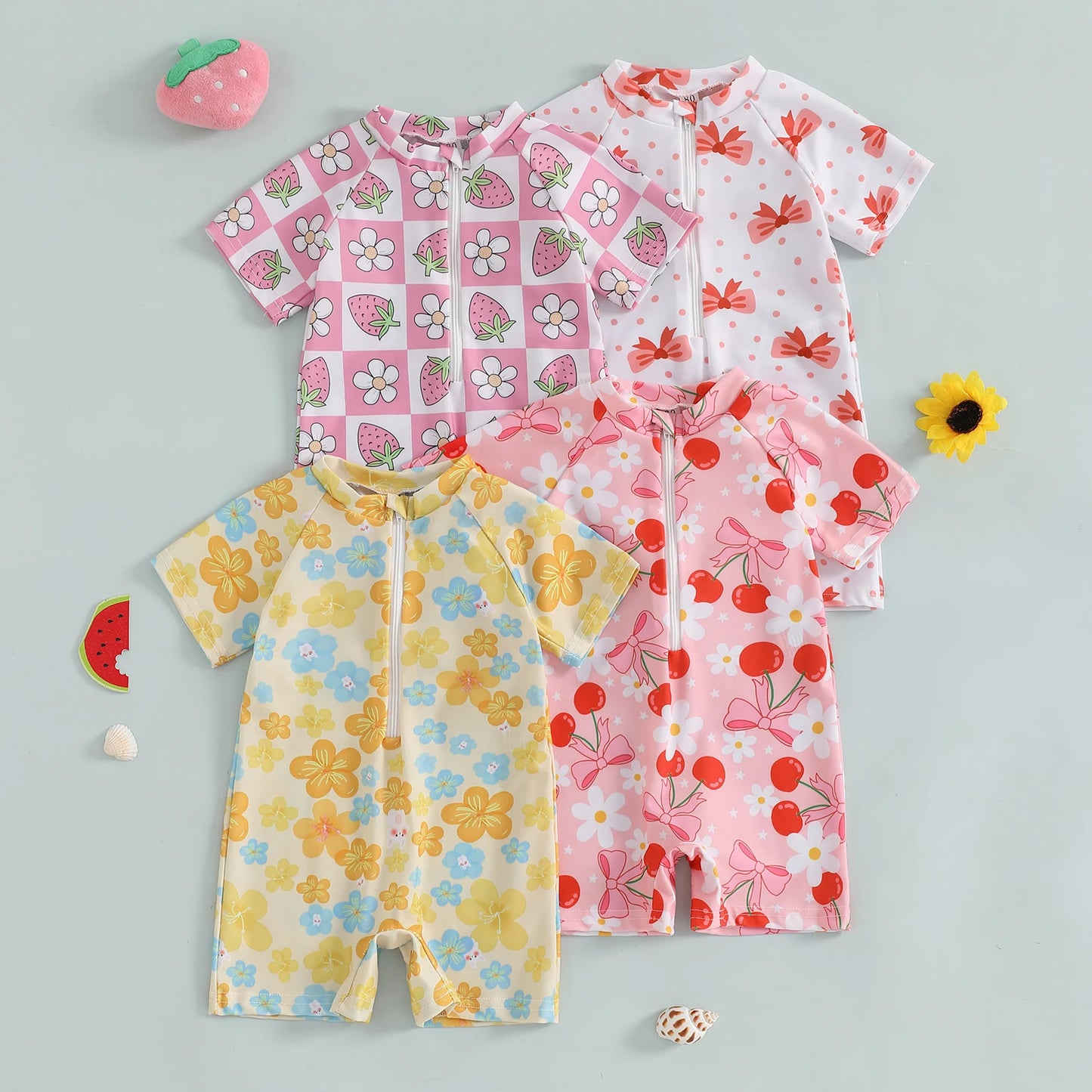 Summer Toddler Baby Girl Short Sleeve Swimwear Bathing Suit Infant Rash Guard Swimsuit Kids Cherry/Bow Print Zipper Beachwear