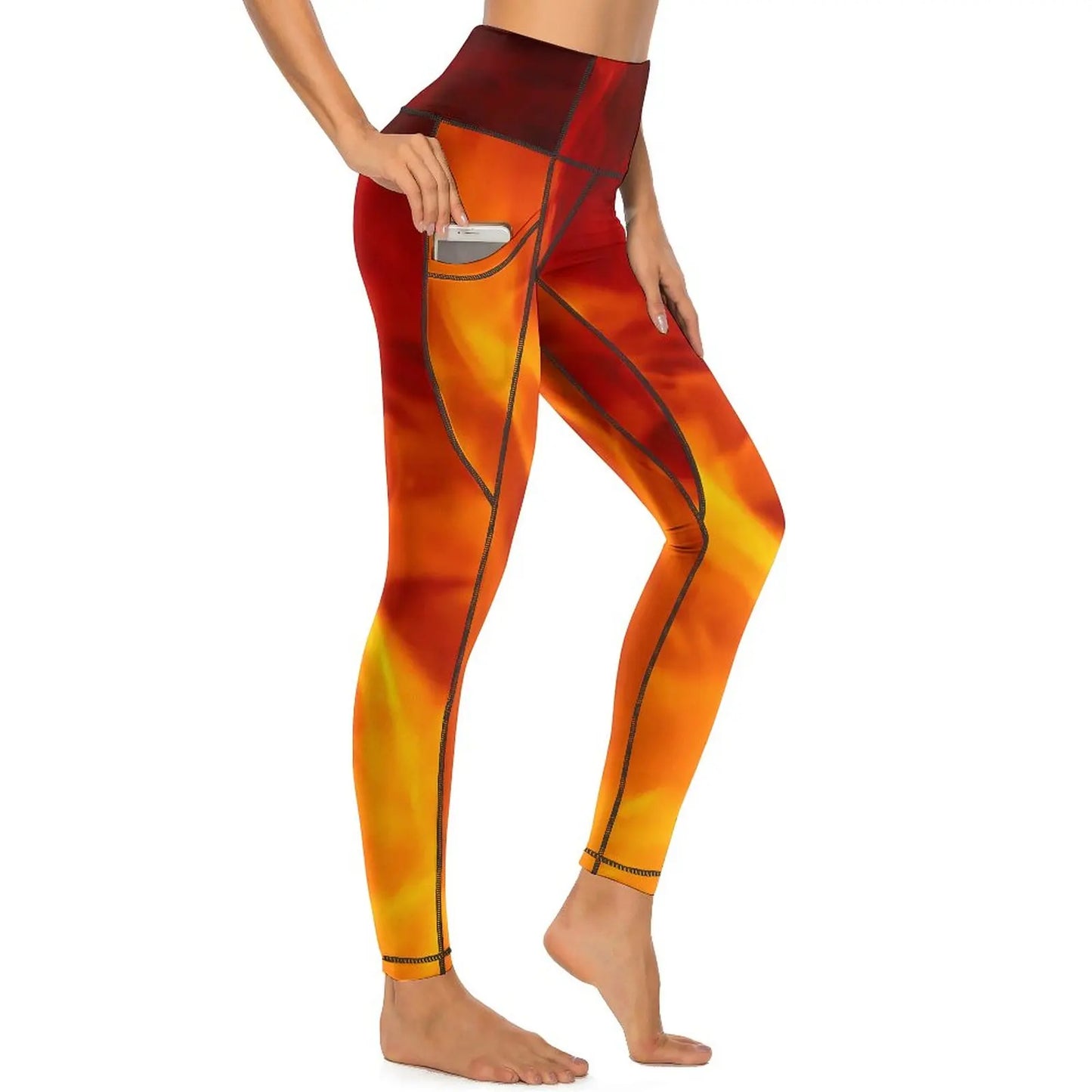 Red Fire Yoga Pants Pockets Abstract Print Leggings Push Up Kawaii Yoga Sports Tights Quick-Dry Workout Gym Leggins
