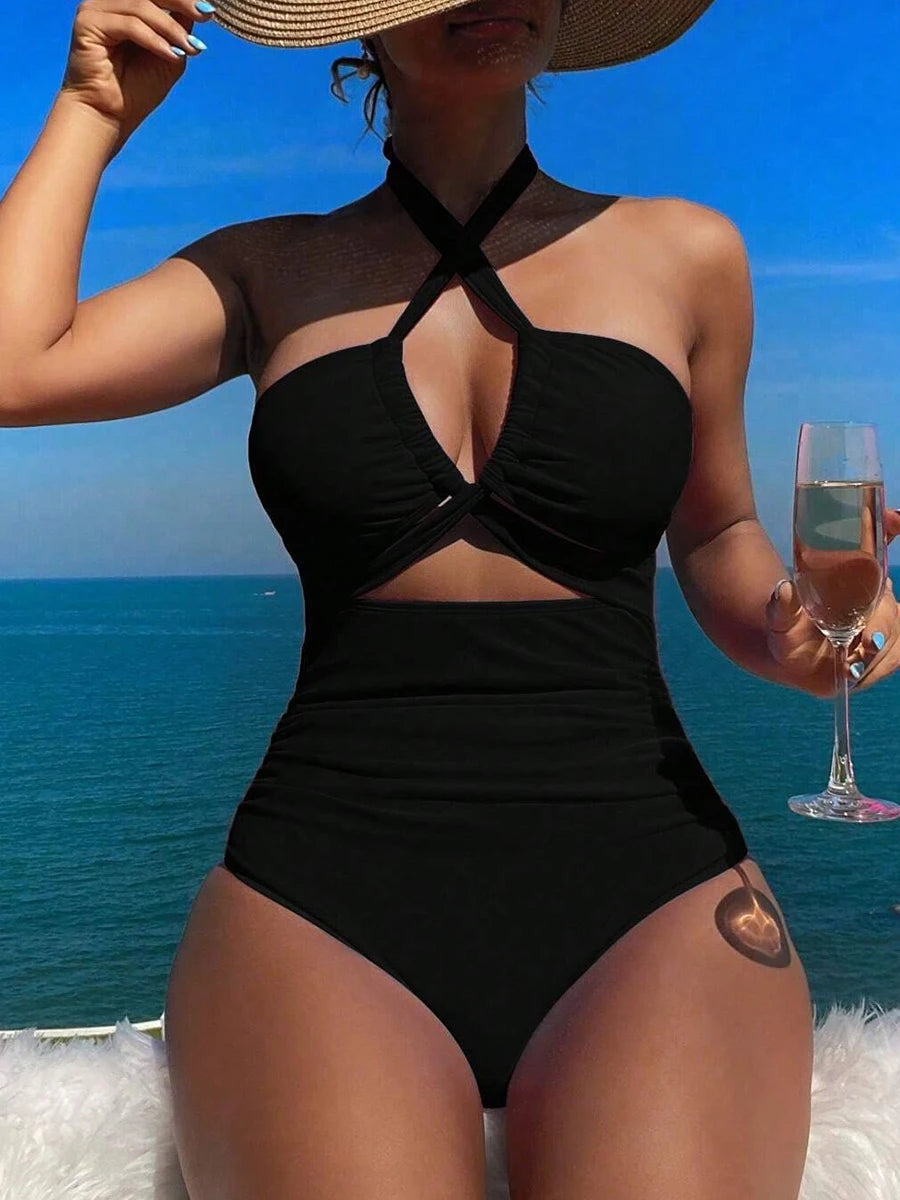 Solid Swimsuit Women One Piece Halter Swimwear Female Bathers Bathing Swimming Swim Suit Summer Beachwear