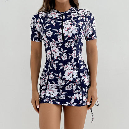 Floral Women Swimsuits Sun Protection Female Short Sleeves Swimwear Surfing Sports Pool Beachwear Two-Piece Bathing Suits